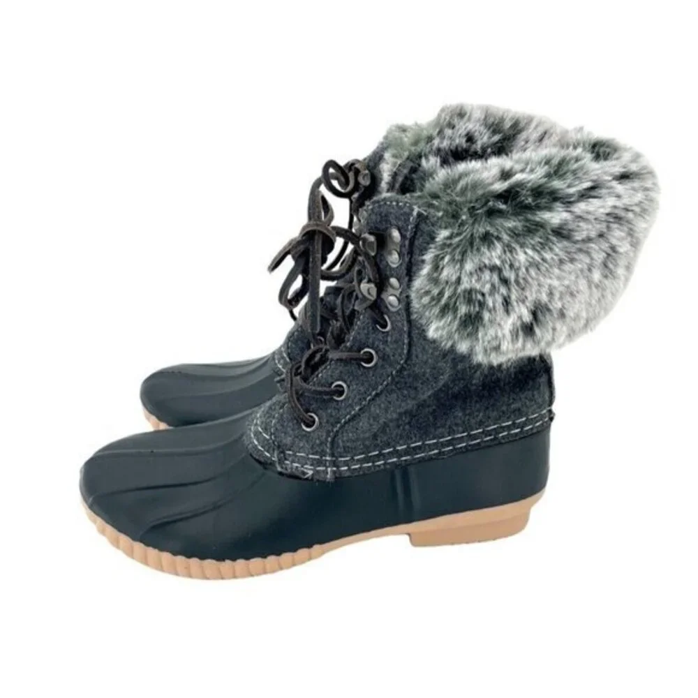 Report Faux Fur Trimmed Tweed Rubber Duck Boots Black Gray SZ 6 NEW